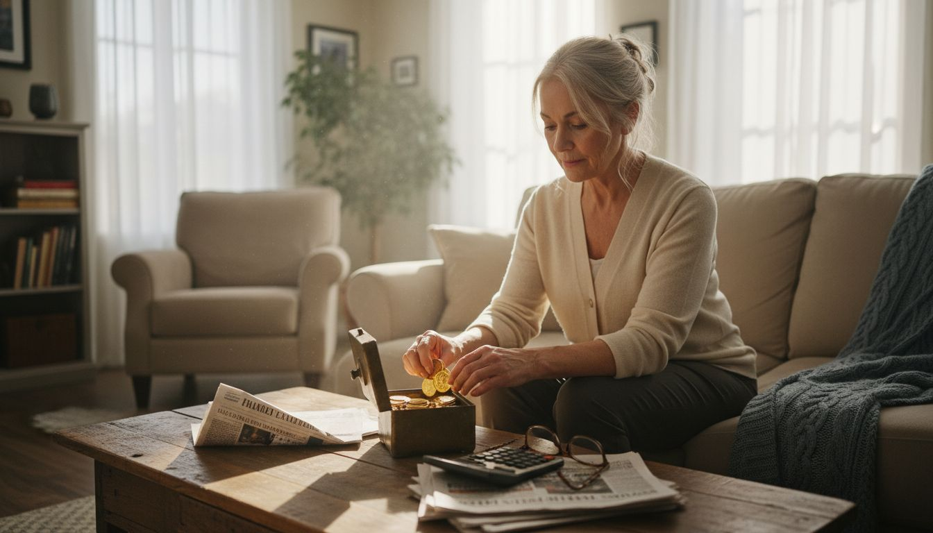 Woman placing gold coins in home safe