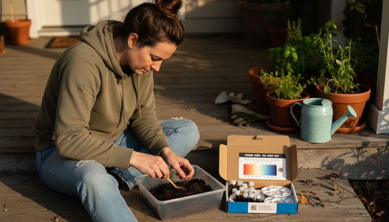 Woman conducts home soil pH testing outdoors
