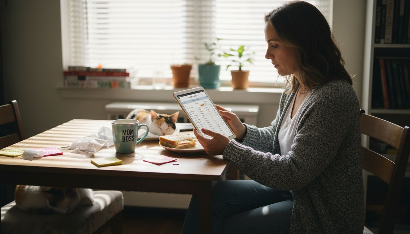 Woman using budgeting app at kitchen table