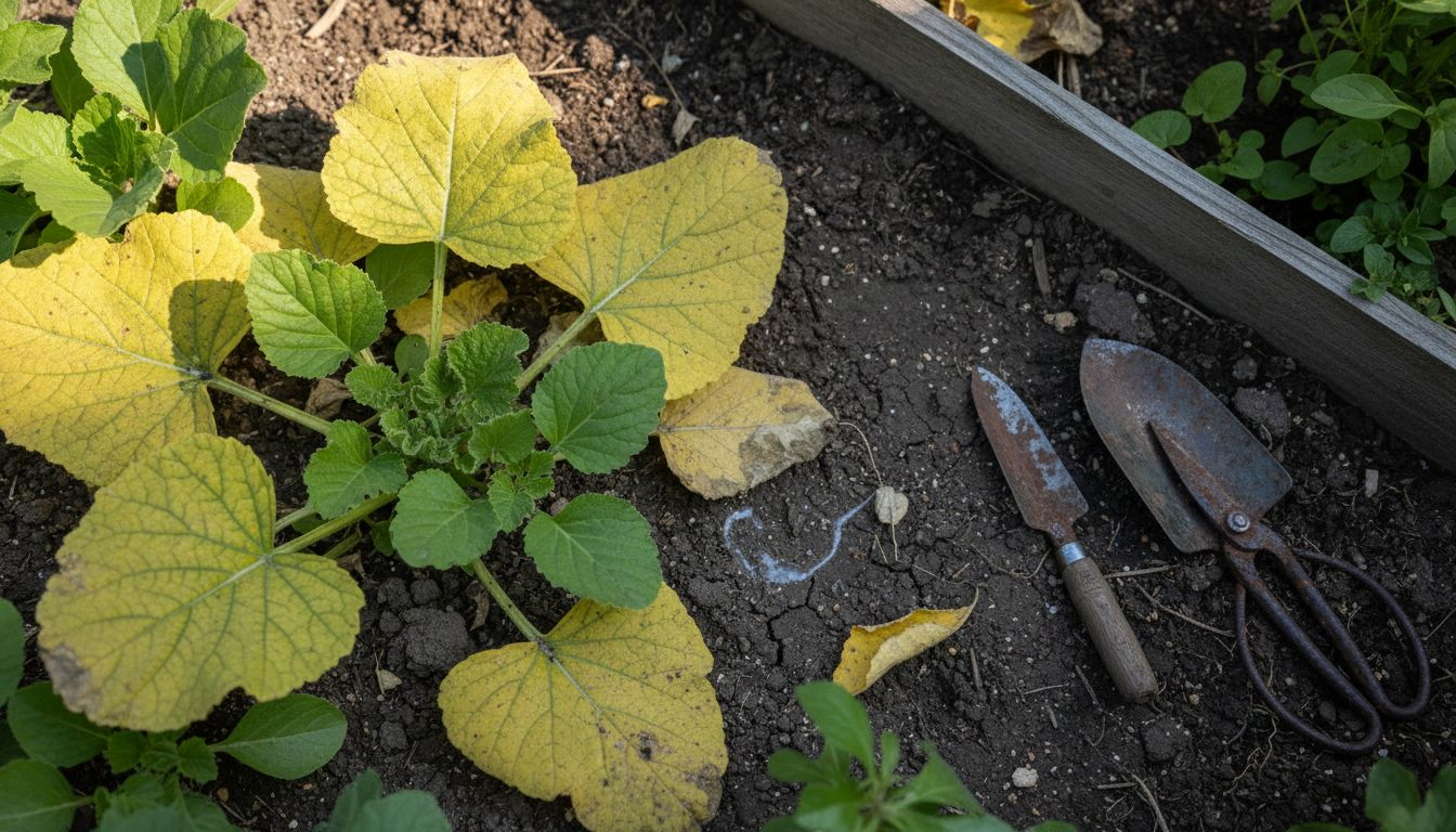 Detail of yellowed plant leaves versus green