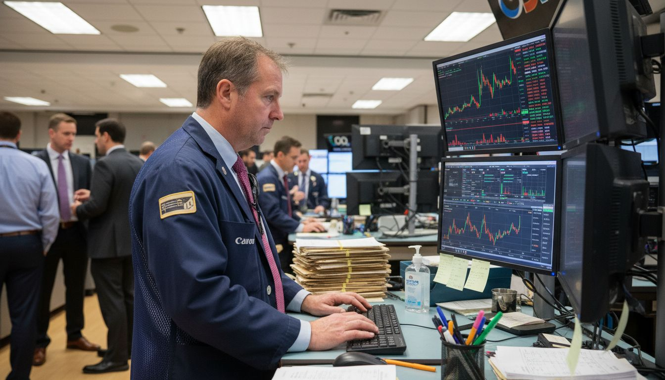 Trader working on busy stock trading floor