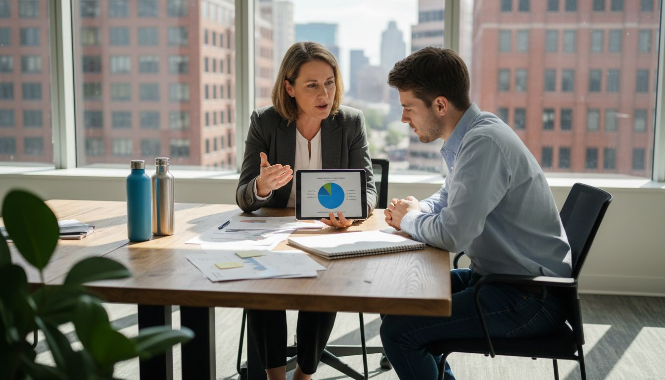 Colleagues discussing ethical investment strategies