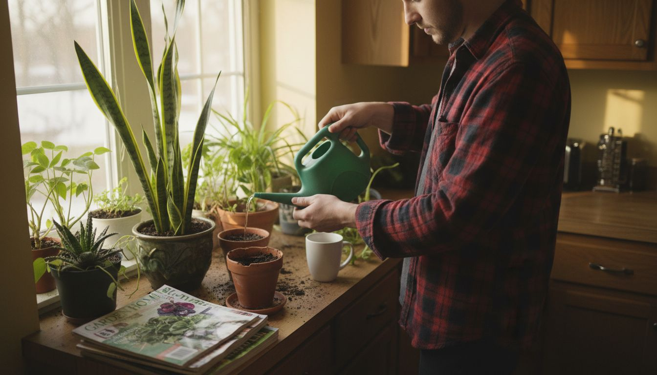 Man watering indoor plants on windowsill