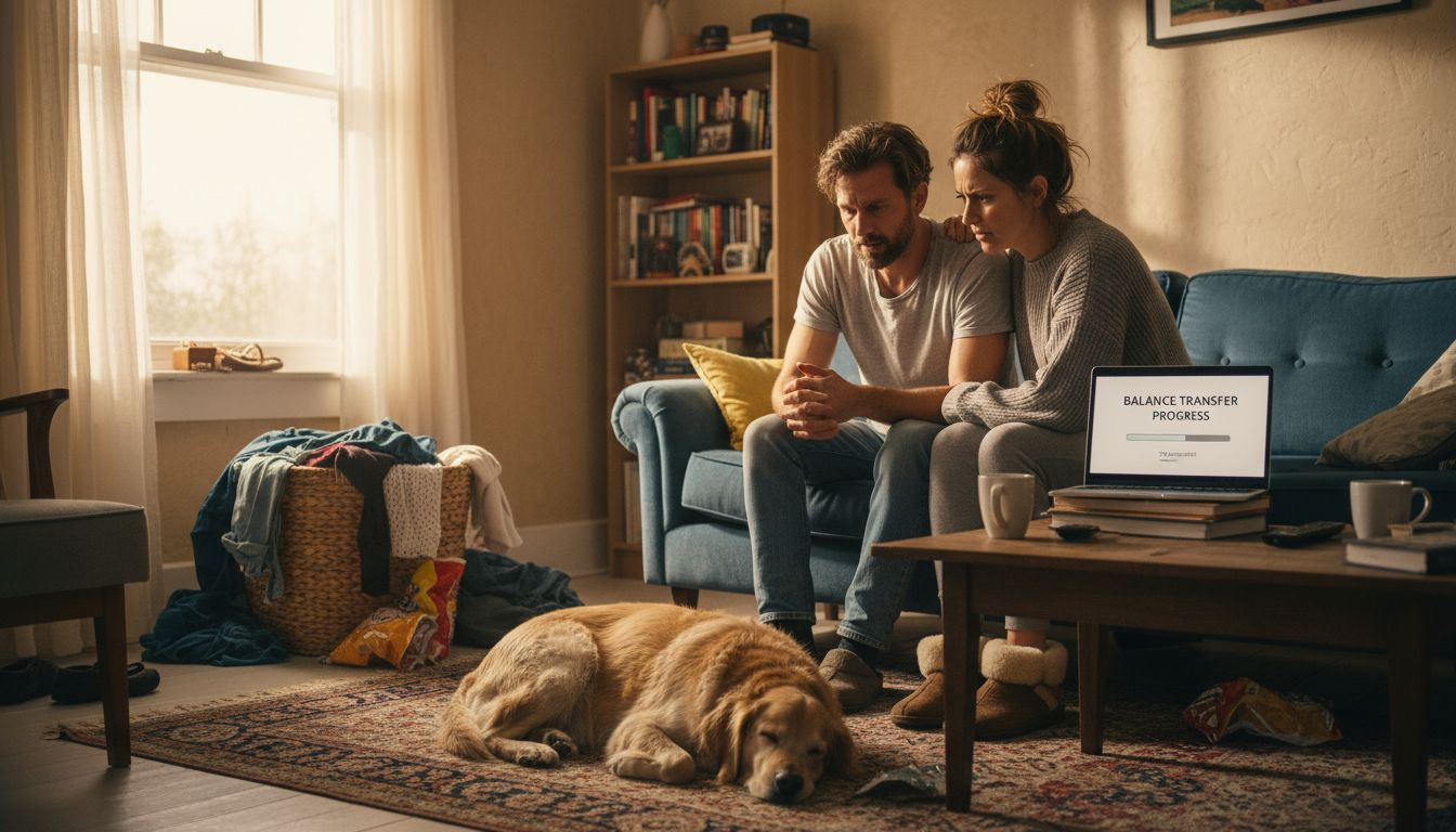 Couple monitoring debt repayment at home