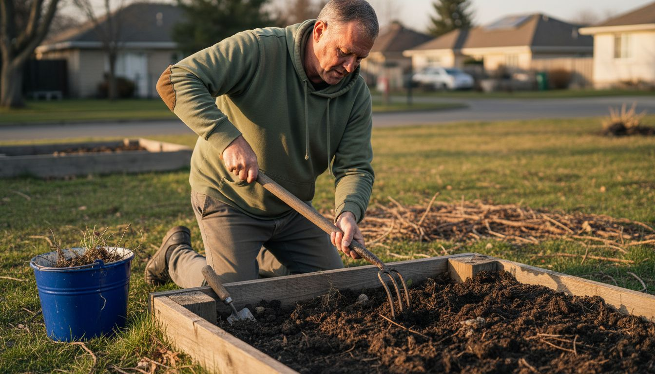 Gardener loosening soil in raised bed