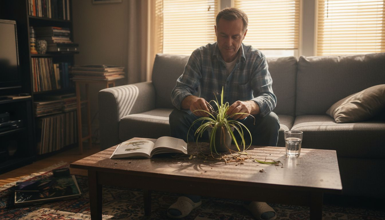 Man tending spider plant for stress relief