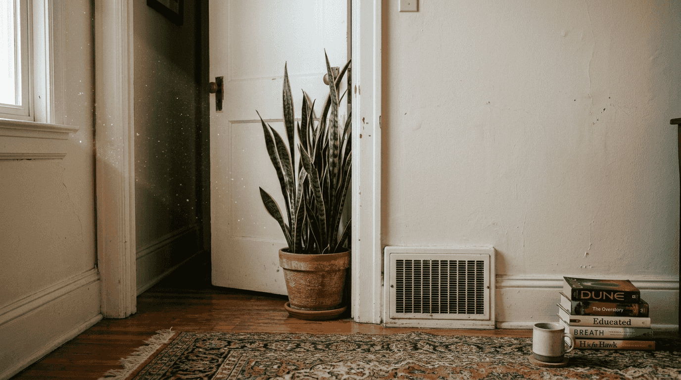 Snake plant near door, vent, and books