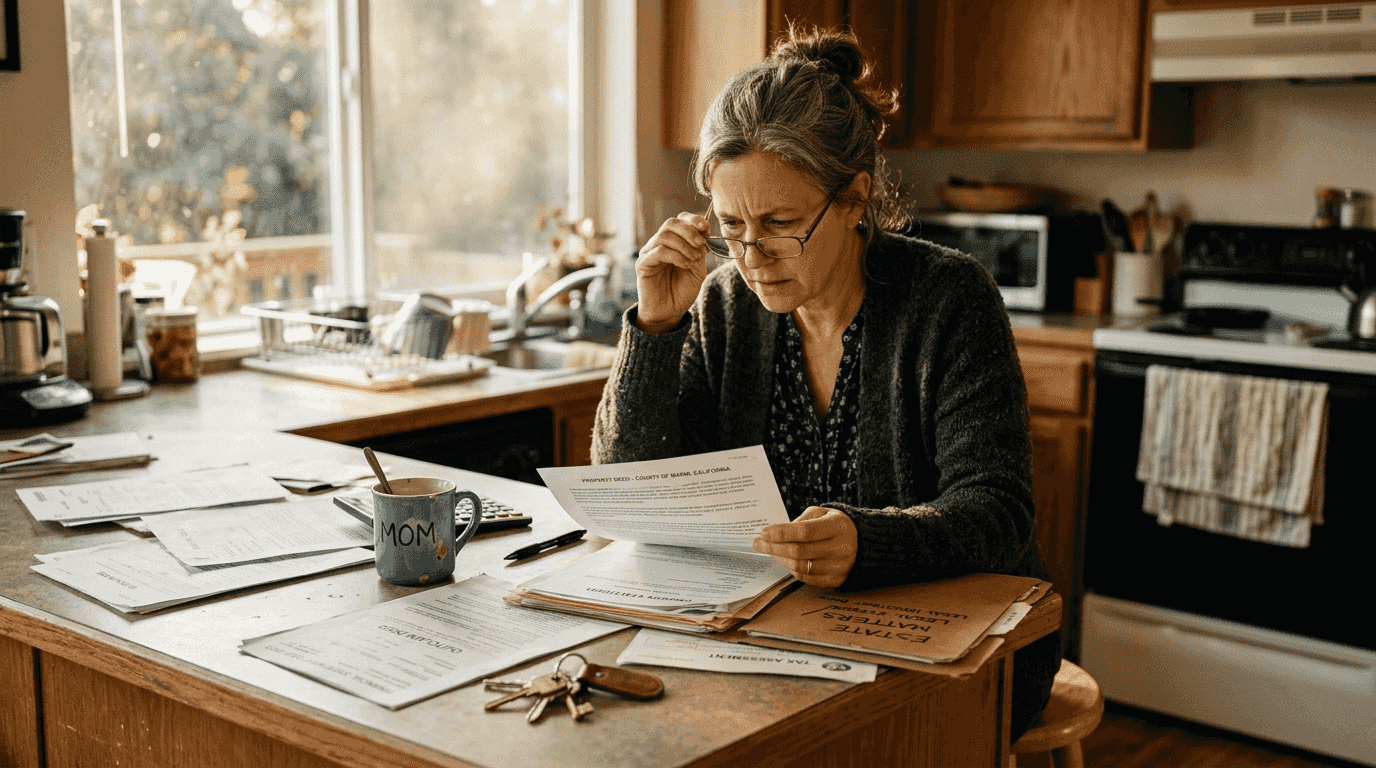 Woman reviewing asset division paperwork home
