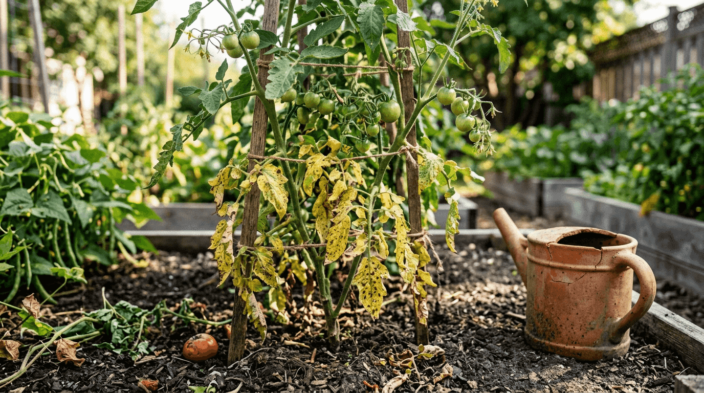 Tomato plant with disease symptoms in soil