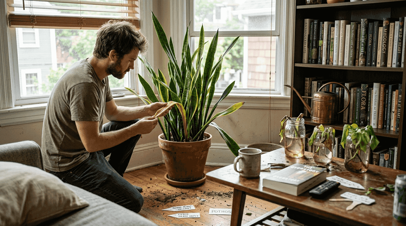 Man checking houseplant leaves after repotting
