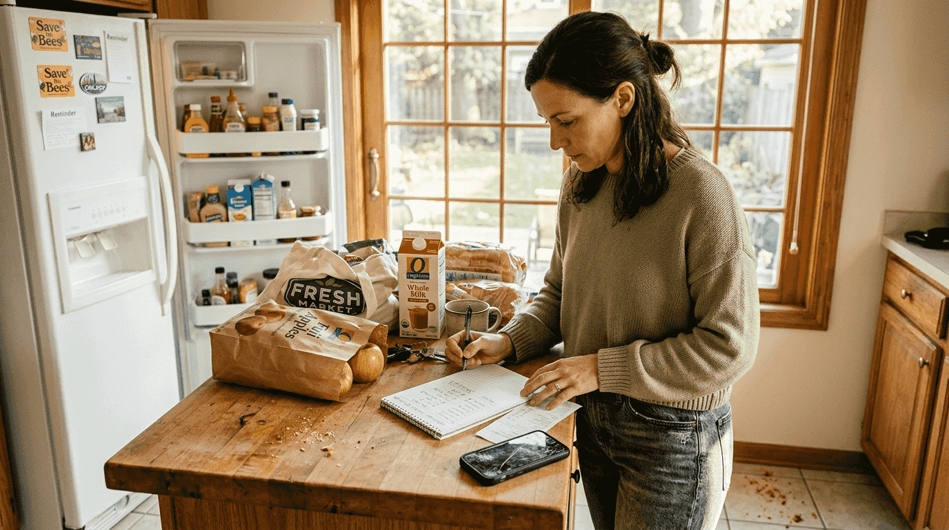 Woman tracking grocery expenses in her kitchen
