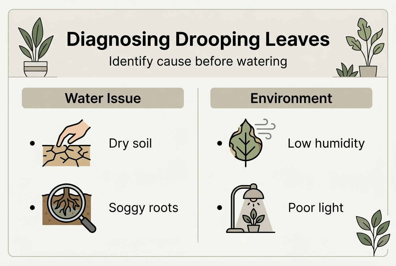 Infographic diagnosing causes of drooping leaves