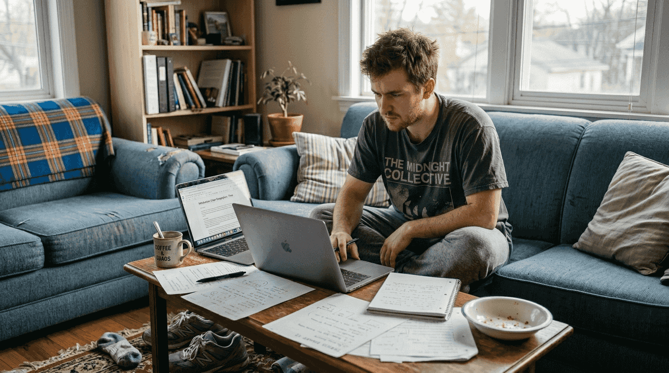 Man listing debts in lived-in living room
