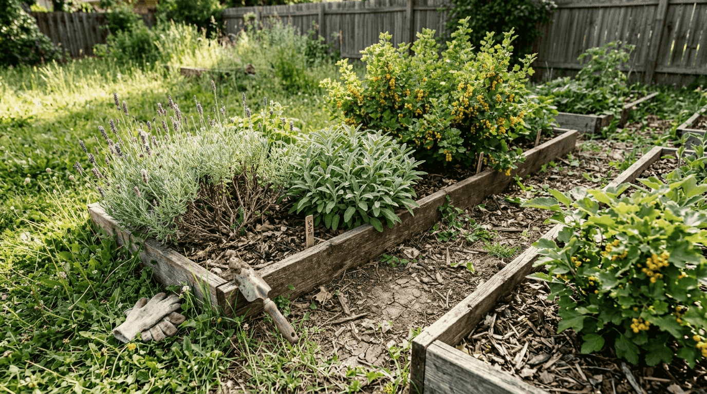 Raised beds with golden currant and sage