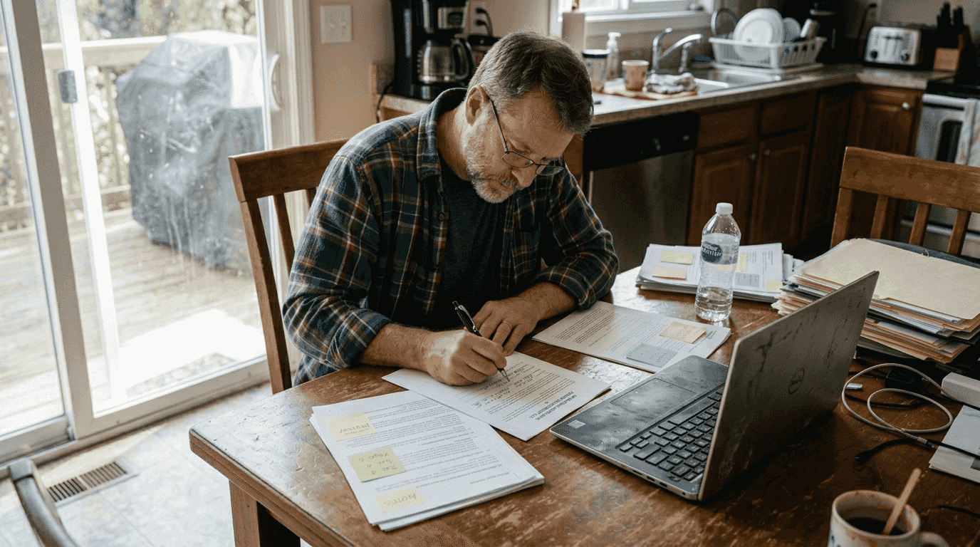 Man finalizing legal documents at dining table