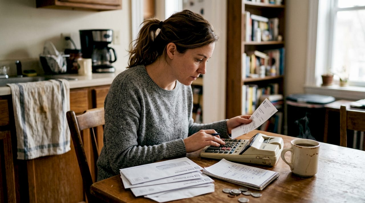 Bondholder organizing finances at kitchen table