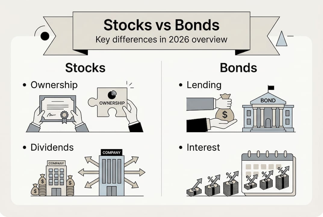 Infographic comparing stocks and bonds key points