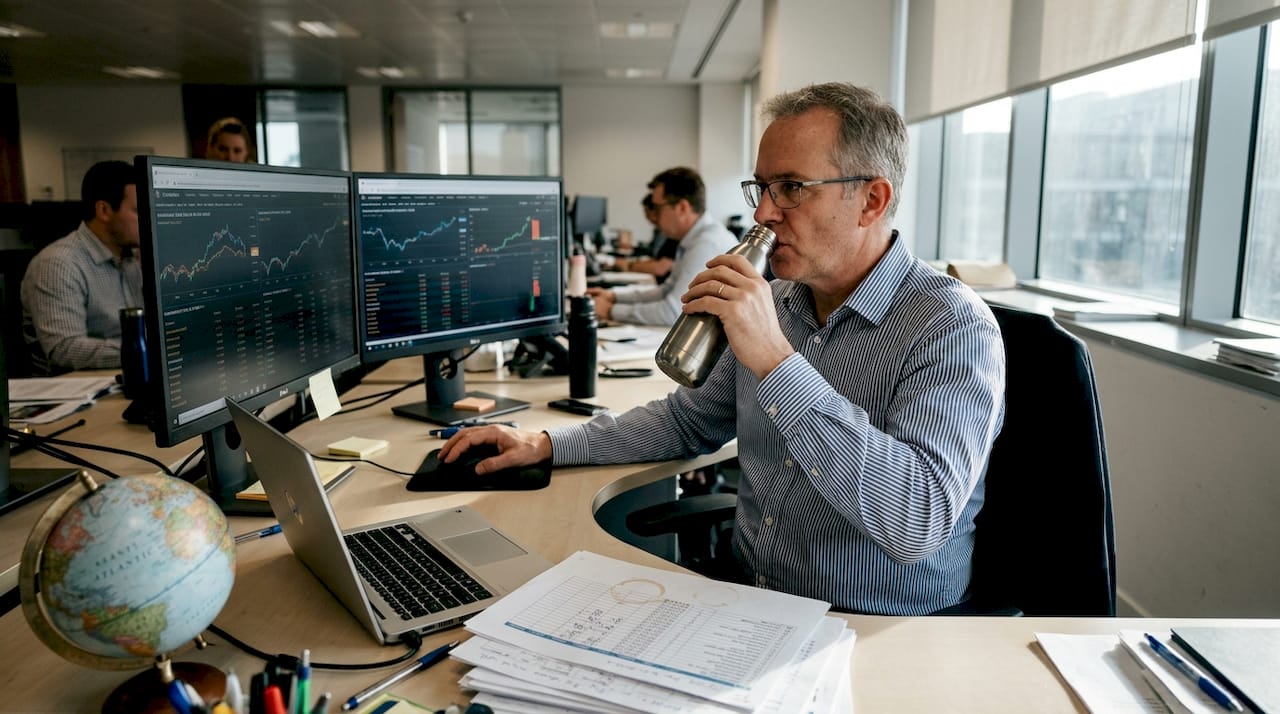 Investor reviewing global equities at workspace