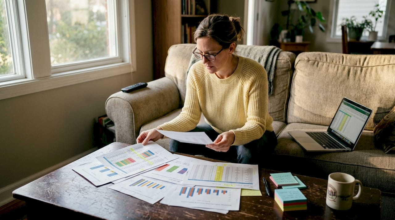 Woman analyzing charts for hedging strategy