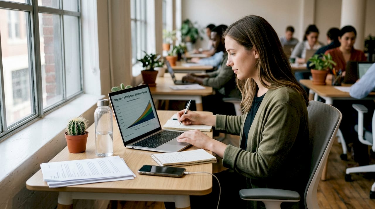 Young woman reviews investment on laptop workspace