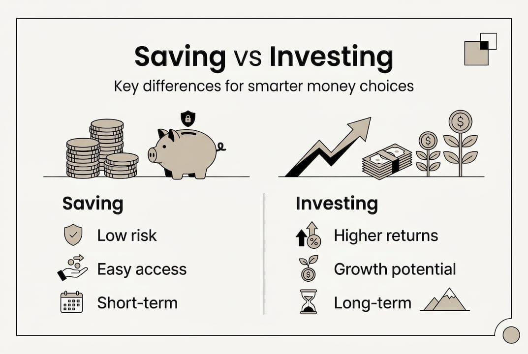 Infographic contrasting saving and investing essentials