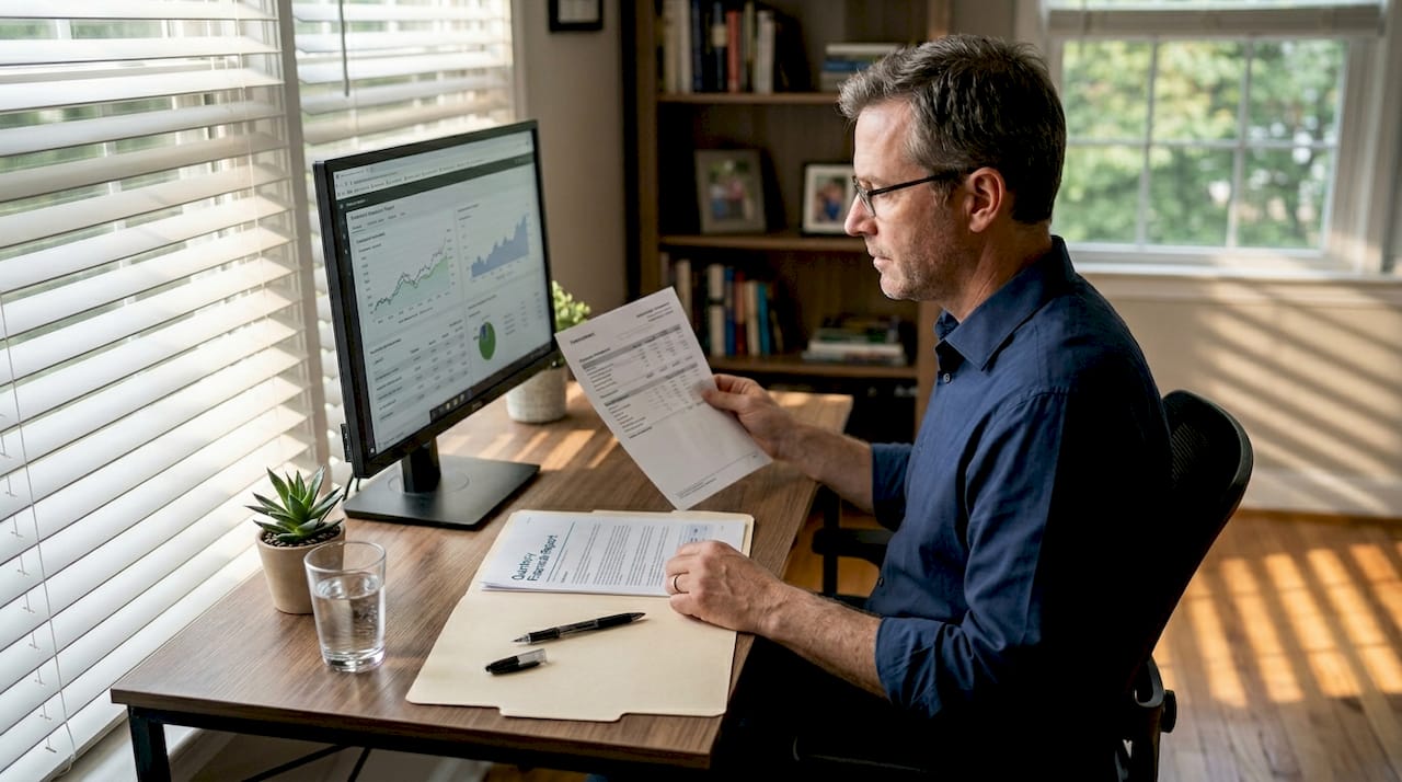 Man reviewing investments at home office desk
