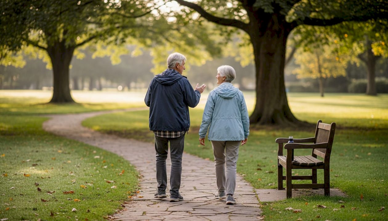 Senior couple walking in quiet morning park