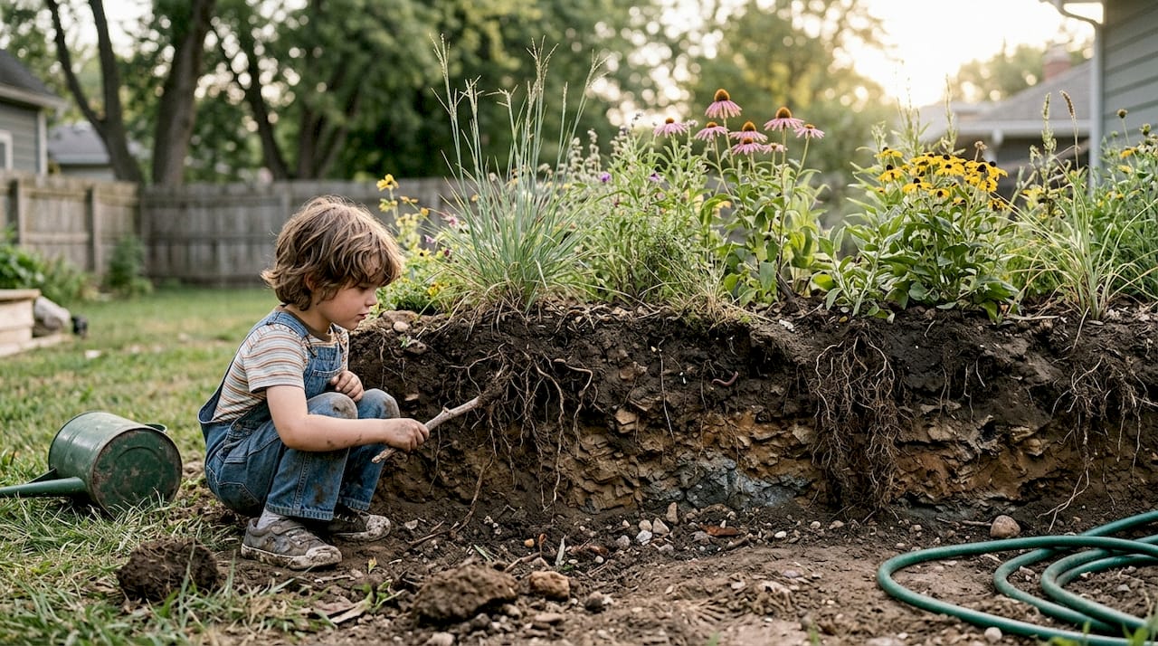 Soil profile with native plant deep roots