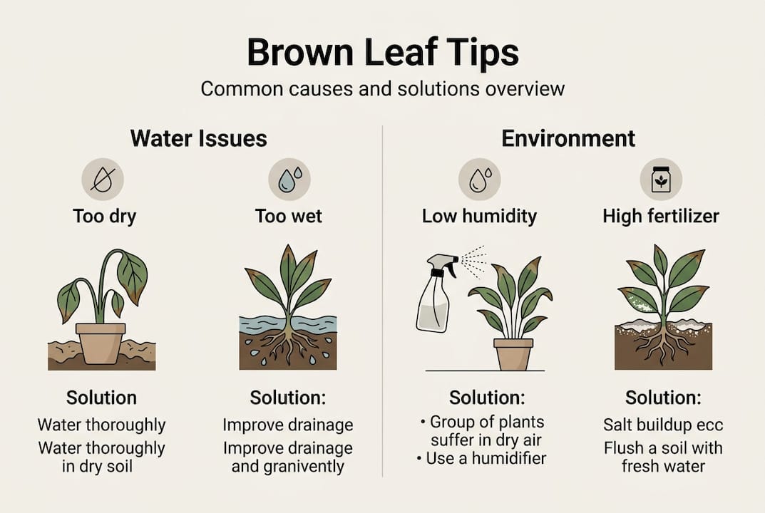 Infographic with causes of brown leaf tips