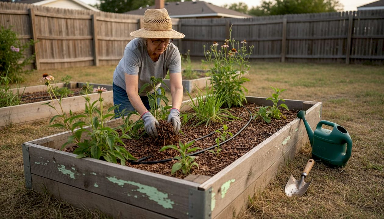 Mulching and drip irrigation in raised flower bed