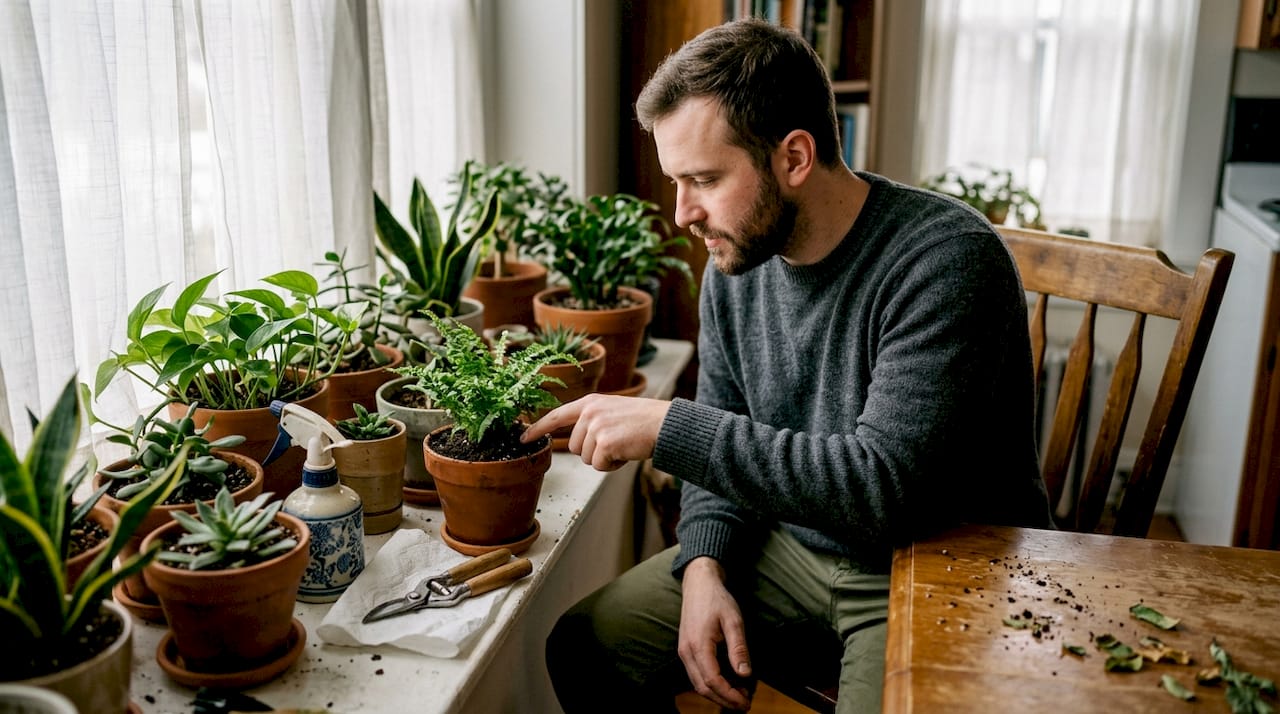 Man checks soil moisture of potted houseplant