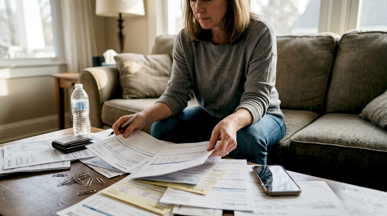 Person auditing finances in living room
