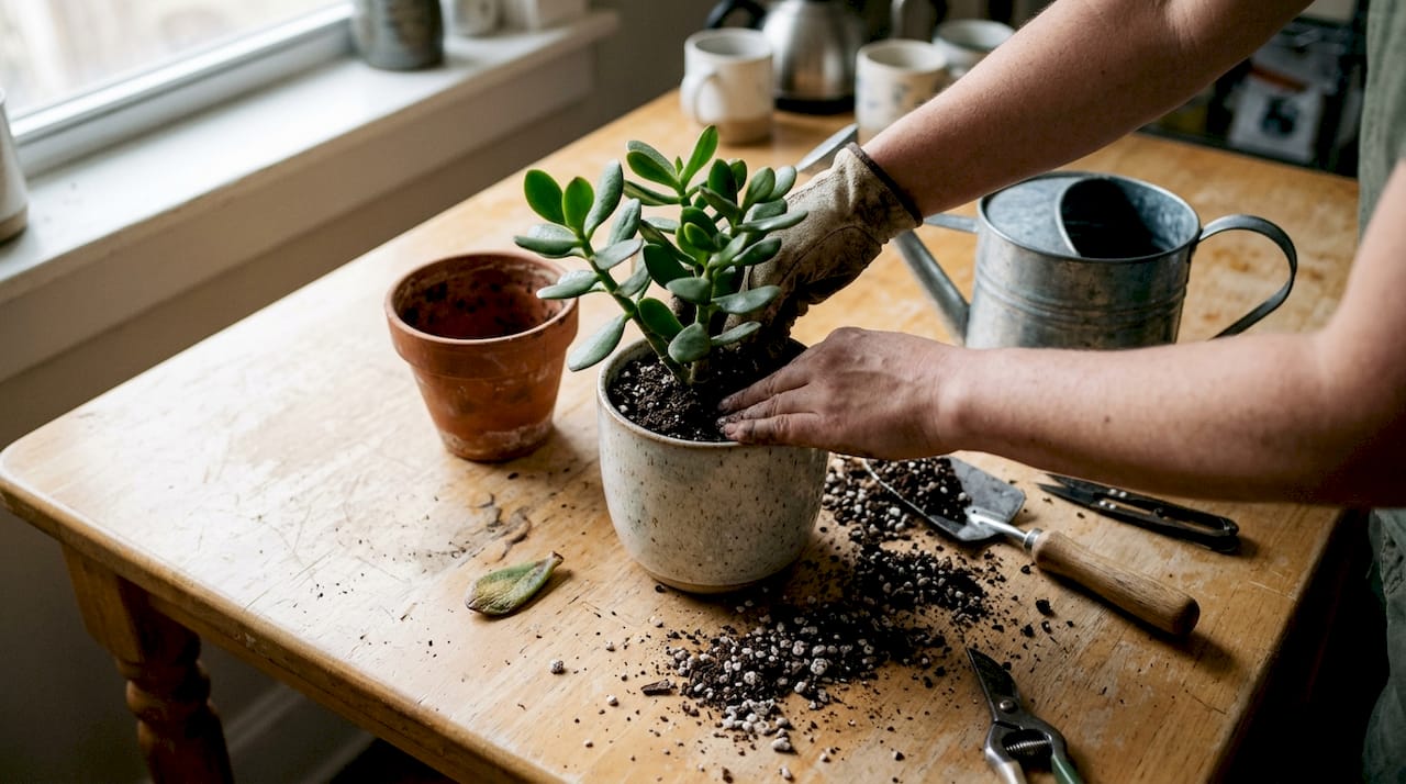Hands repotting succulent on cluttered kitchen table