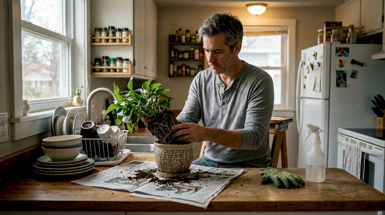 Man examining roots of houseplant for damage