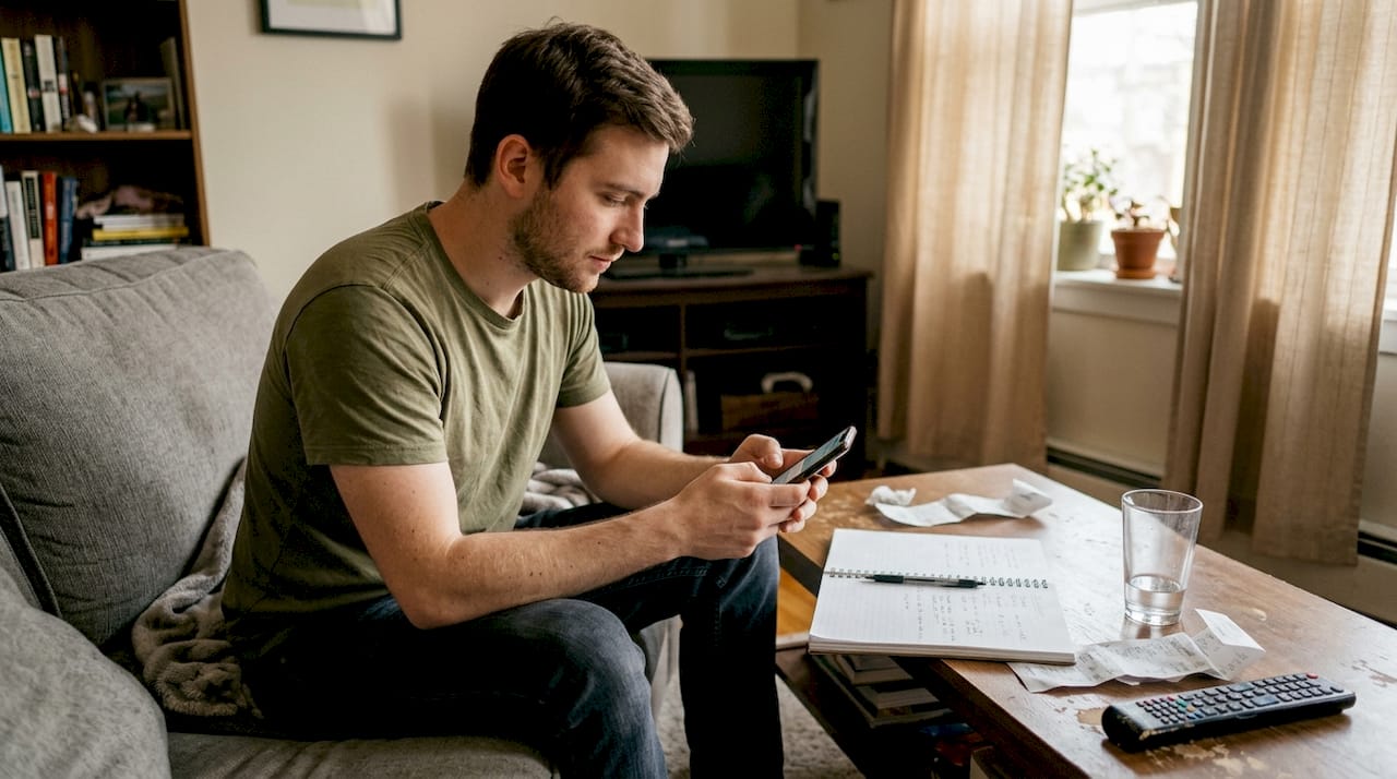Man managing savings in living room