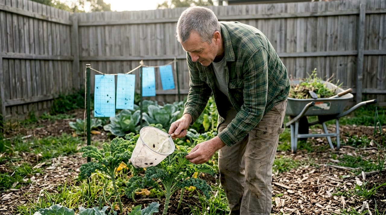 Man hand-picking beetles in backyard garden