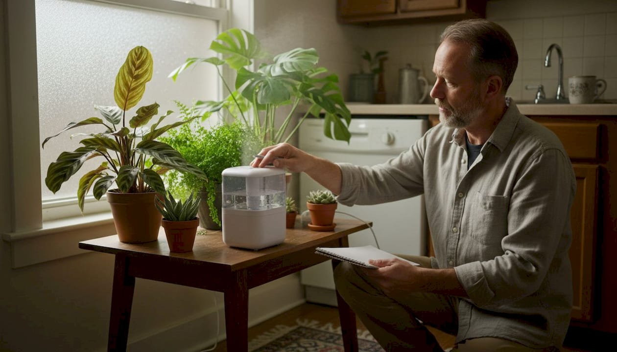 Gardener adjusting humidifier for plant types