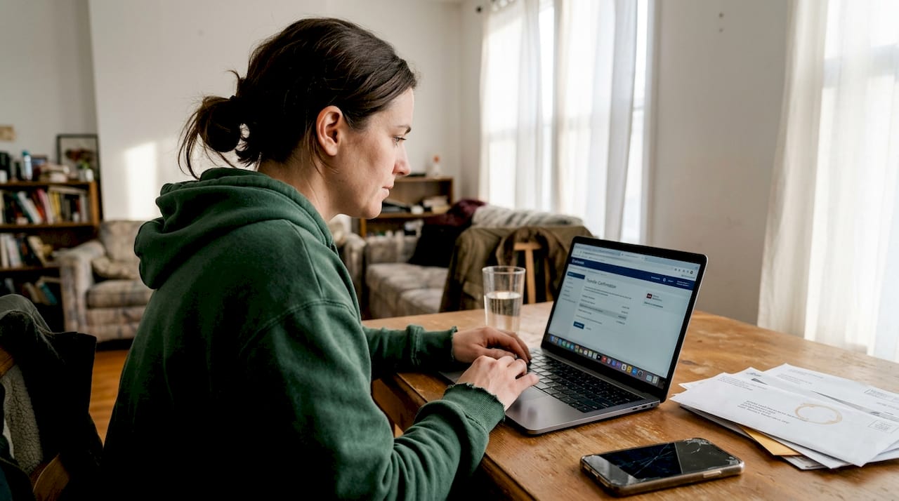 Woman managing emergency fund at home desk
