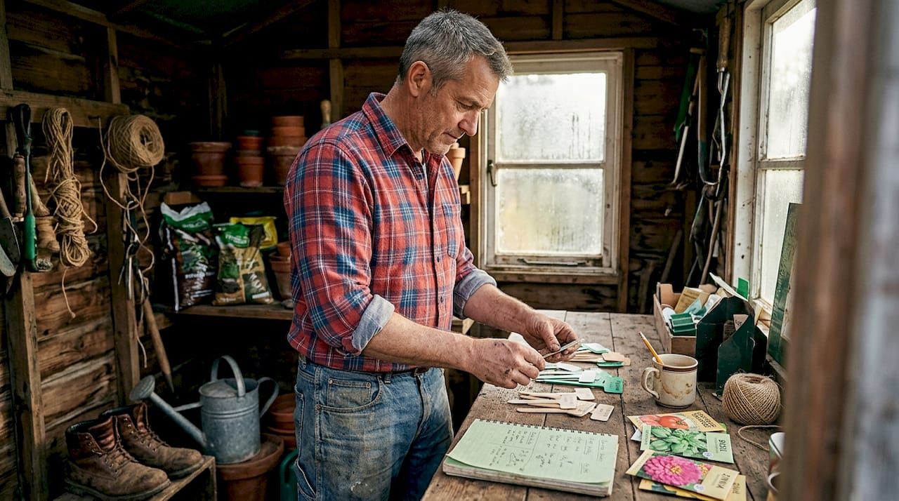 Person sorting plant tags in winter shed