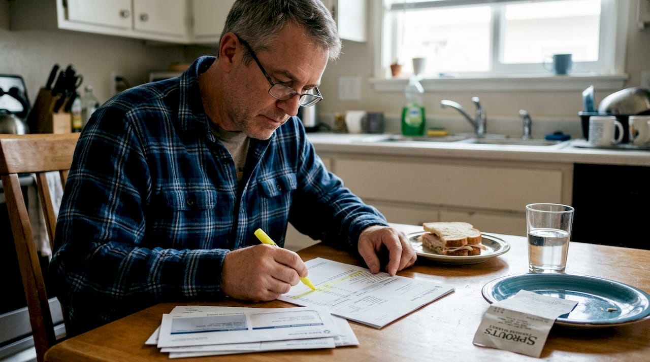 Man prioritizing financial tasks at kitchen table
