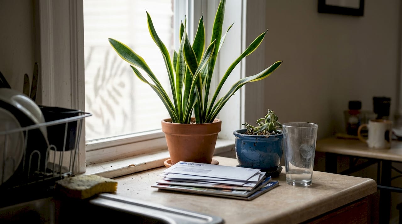 Snake plant on apartment kitchen windowsill