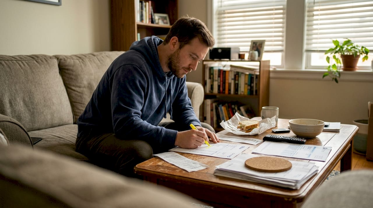 Man sorts bills at living room coffee table