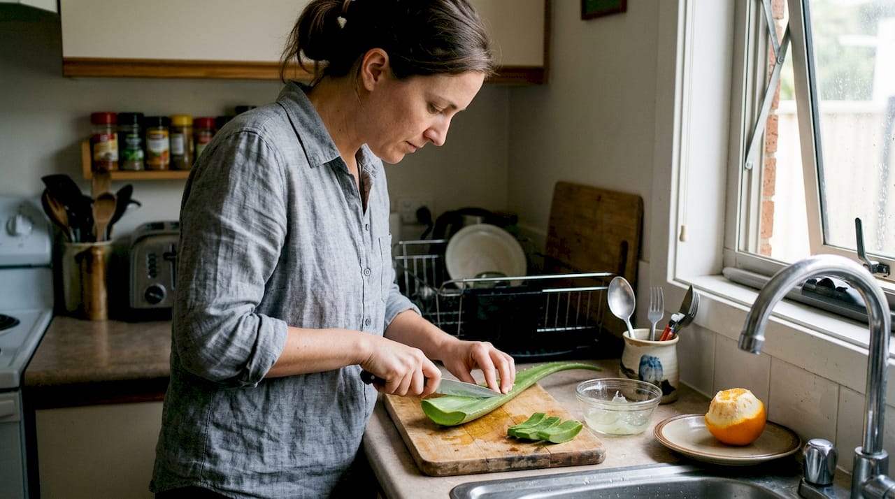 Cutting fresh aloe leaf in home kitchen