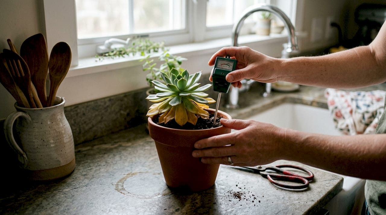 Checking succulent soil with a moisture meter
