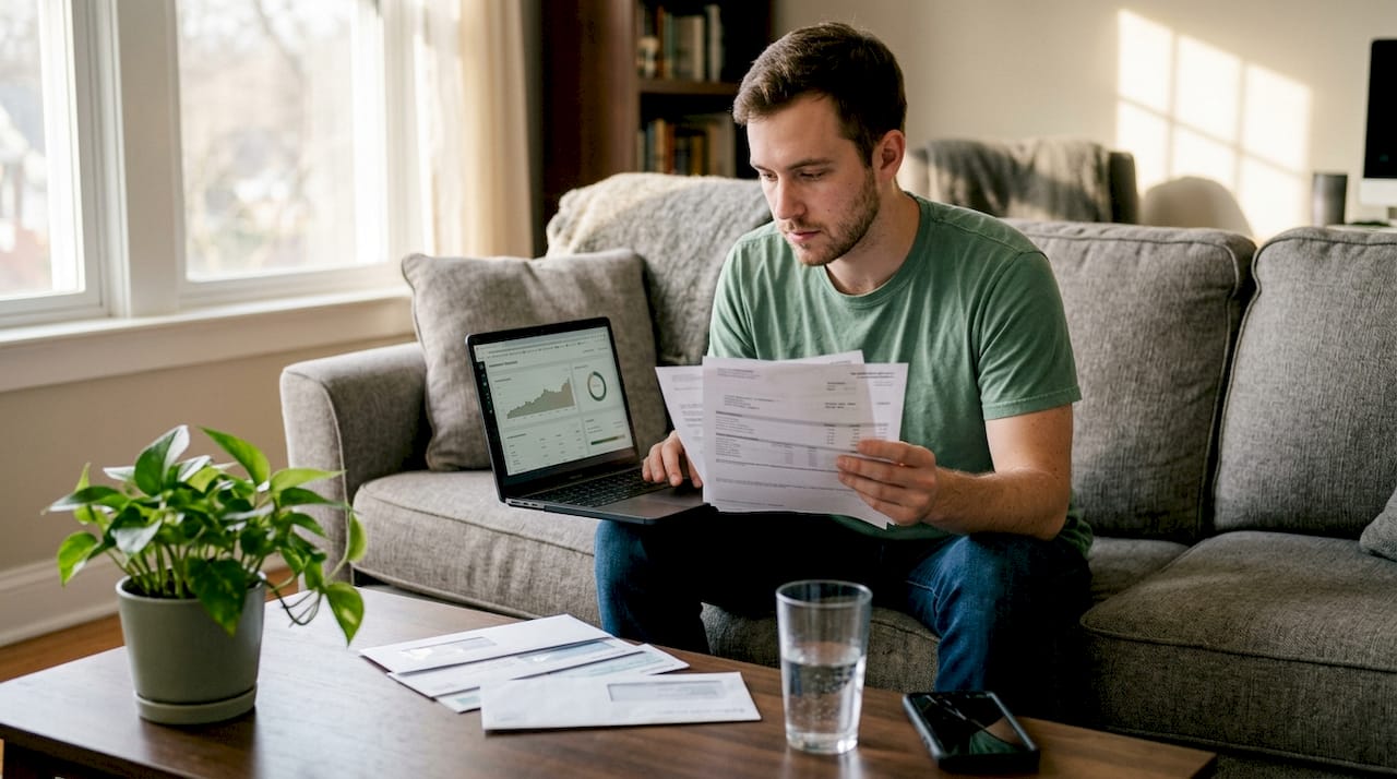 Man reviewing finances on sofa at home