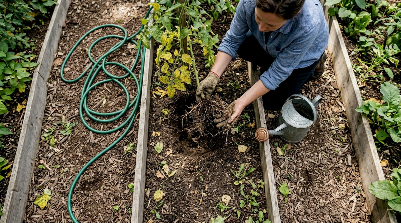 Hands checking tomato roots for water issues