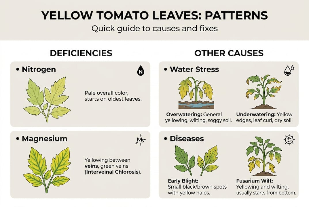 Infographic showing tomato leaf yellowing patterns