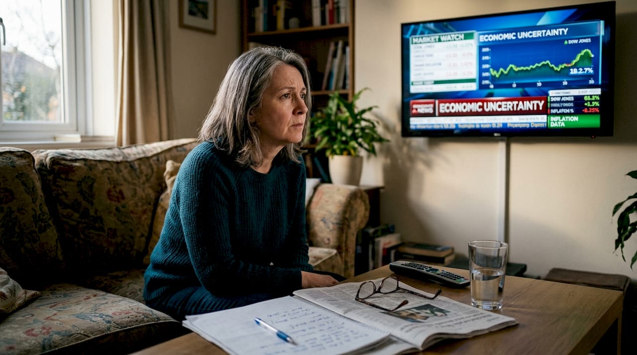 Woman watching financial news with concern