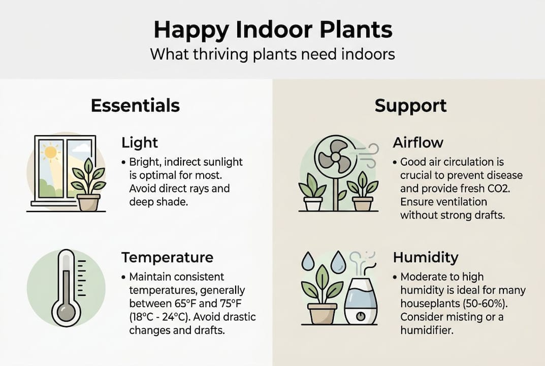 Infographic showing essentials for healthy indoor plants