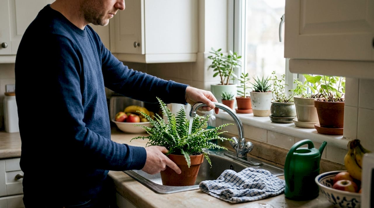 Man watering houseplants at kitchen sink